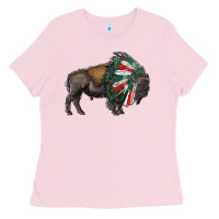 Bubblegum Pink mexican bison with indian headdress Ladies Tee - RanaPortraitStore
