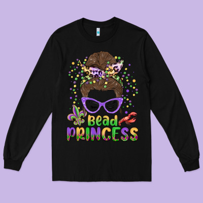 Bead Princess Messy Bun Mardi Gras Long Sleeve Tee Designed By Maliassmallbusiness