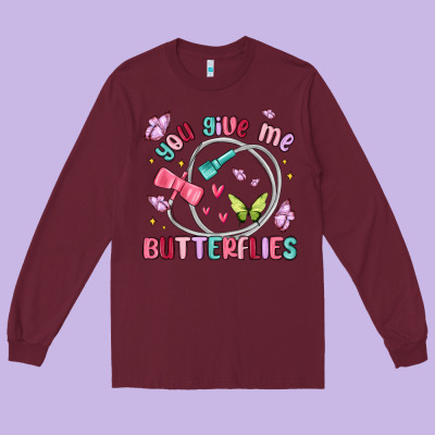 You Give Me Butterflies Long Sleeve Tee Designed By Maliassmallbusiness
