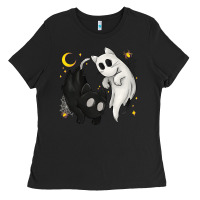 Black Ghost Cats with Balance Halloween Ladies Tee - texasbilliewilder