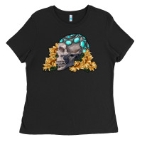 Black skull with sunflowers Ladies Tee - RanaPortraitStore