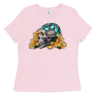 Bubblegum Pink skull with sunflowers Ladies Tee - RanaPortraitStore