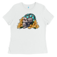 White skull with sunflowers Ladies Tee - RanaPortraitStore
