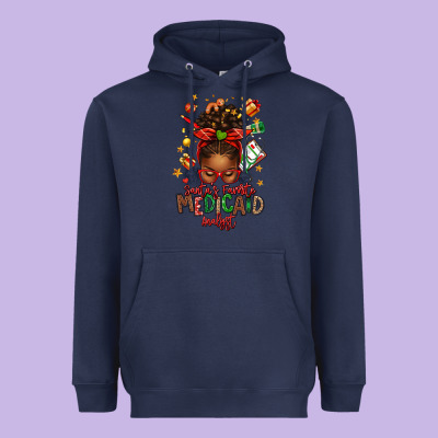 Santa's Favorite Medicaid Analyst Afro Messy Bun Heavyweight Hoodie Designed By Texasbilliewilder