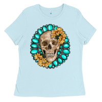 Baby Blue skull with gemstone and sunflower Ladies Tee - RanaPortraitStore