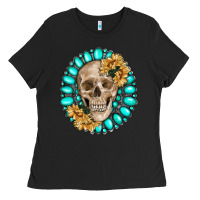 Black skull with gemstone and sunflower Ladies Tee - RanaPortraitStore