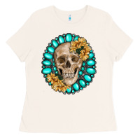 Bone skull with gemstone and sunflower Ladies Tee - RanaPortraitStore