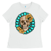White skull with gemstone and sunflower Ladies Tee - RanaPortraitStore