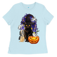 Baby Blue Halloween Cat and Pumpkin Ladies Tee - texasbilliewilder