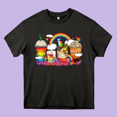 Rainbow Coffee Cups Heavy Core Tee Designed By Zillion Design Studio