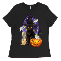 Black Halloween Cat and Pumpkin Ladies Tee - texasbilliewilder