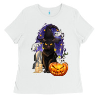 White Halloween Cat and Pumpkin Ladies Tee - texasbilliewilder
