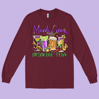 Mardi Gras Drinking Team Long Sleeve Tee Designed By Maliassmallbusiness