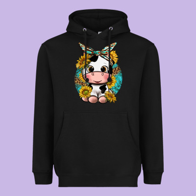 Cute Cow With Sunflower And Leopard Heavyweight Hoodie Designed By Texasbilliewilder