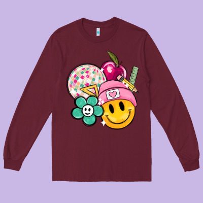 Smiley Face And School Elementary Long Sleeve Tee Designed By Maliassmallbusiness