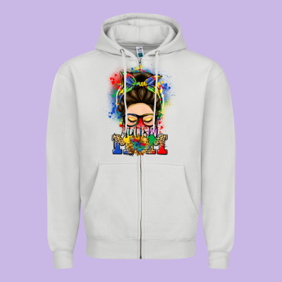 Autism Mom Messy Bun Zipper Hoodie Designed By Lillyallendesigns