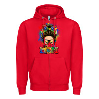Red autism mom messy bun Zipper Hoodie - LillyAllenDesigns
