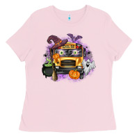 Bubblegum Pink Halloween School Bus Ladies Tee - texasbilliewilder