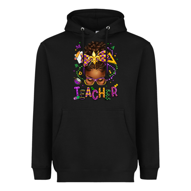 Mardi Gras Teacher Afro Messy Bun Heavyweight Hoodie by texasbilliewilder | Teevron