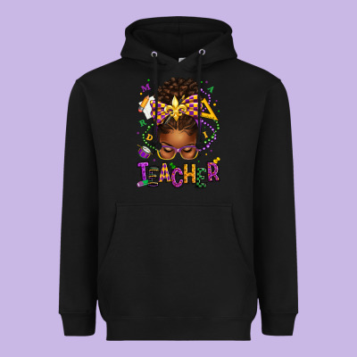 Mardi Gras Teacher Afro Messy Bun Heavyweight Hoodie Designed By Texasbilliewilder