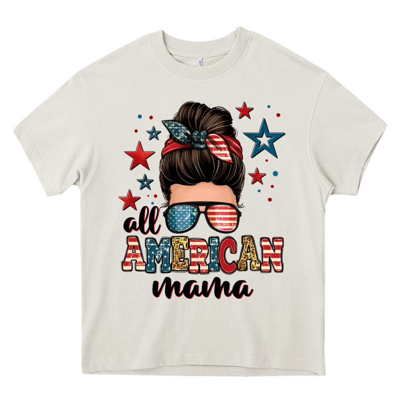 All American Mama Messy Bun Heavy Core Tee by Zillion Design Studio | Teevron