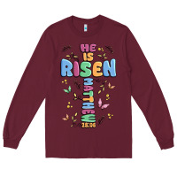 Burgundy he is risen cross Long Sleeve Tee - MaliasSmallBusiness