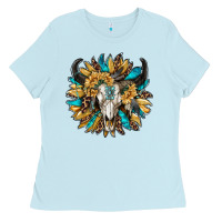 Baby Blue bull skull with sunflower Ladies Tee - RanaPortraitStore