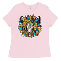 Bubblegum Pink bull skull with sunflower Ladies Tee - RanaPortraitStore
