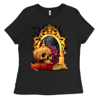 Black Halloween Skull Candles and Roses Ladies Tee - texasbilliewilder