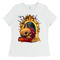 White Halloween Skull Candles and Roses Ladies Tee - texasbilliewilder