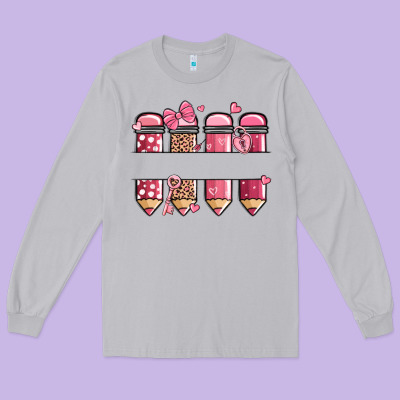 Custom Name Valentine's Day School Pencils Long Sleeve Tee Designed By Maliassmallbusiness