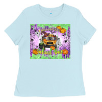Baby Blue Halloween School Bus Ladies Tee - texasbilliewilder