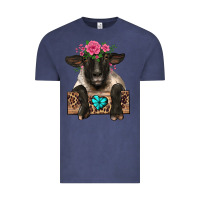 Vintage Denim suffolk ewe peeking with floral headdress Vintage Tee - BarkalooDesign