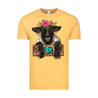 Vintage Mustard suffolk ewe peeking with floral headdress Vintage Tee - BarkalooDesign