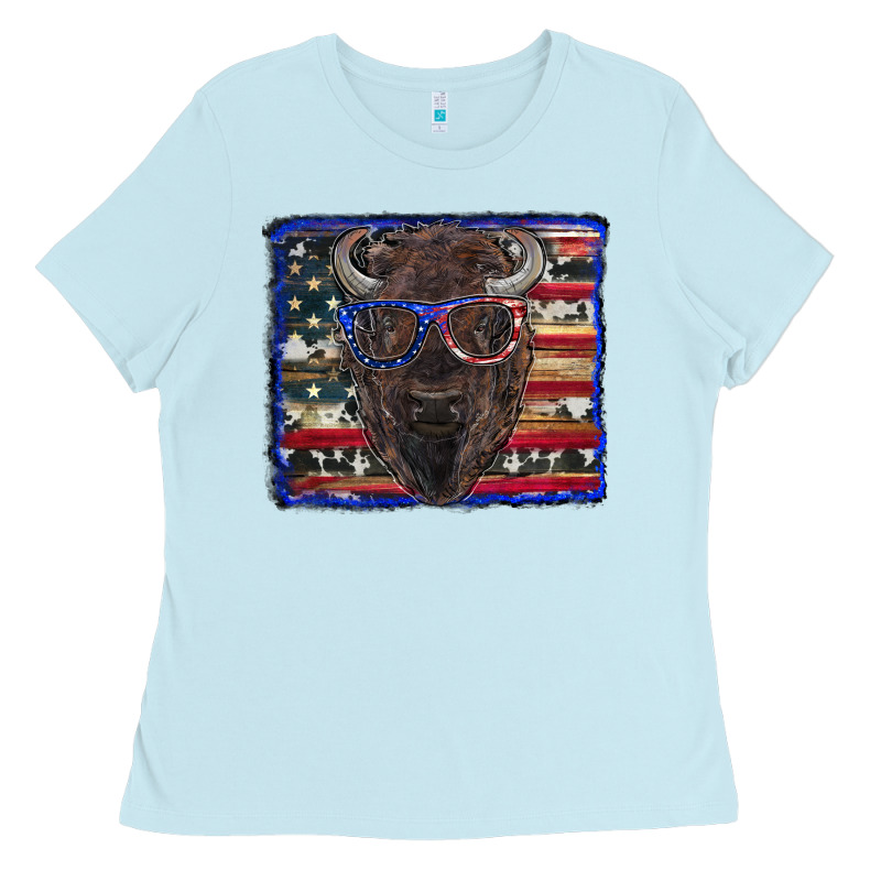 Bison With American Flag And Glasses Ladies Tee by RanaPortraitStore | Teevron