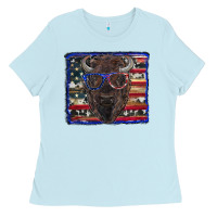 Baby Blue bison with american flag and glasses Ladies Tee - RanaPortraitStore