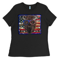Black bison with american flag and glasses Ladies Tee - RanaPortraitStore
