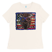 Bone bison with american flag and glasses Ladies Tee - RanaPortraitStore
