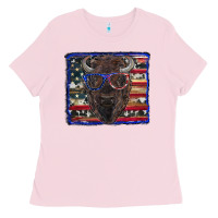 Bubblegum Pink bison with american flag and glasses Ladies Tee - RanaPortraitStore
