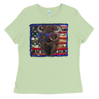 Matcha bison with american flag and glasses Ladies Tee - RanaPortraitStore
