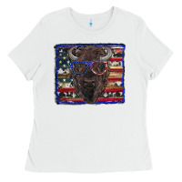 White bison with american flag and glasses Ladies Tee - RanaPortraitStore