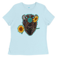 Baby Blue bison head with sunflowers and gemstone Ladies Tee - RanaPortraitStore