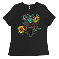 Black bison head with sunflowers and gemstone Ladies Tee - RanaPortraitStore