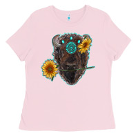 Bubblegum Pink bison head with sunflowers and gemstone Ladies Tee - RanaPortraitStore