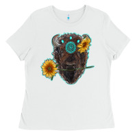 White bison head with sunflowers and gemstone Ladies Tee - RanaPortraitStore
