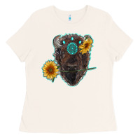 Bone bison head with sunflowers and gemstone Ladies Tee - RanaPortraitStore