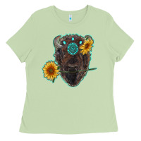 Matcha bison head with sunflowers and gemstone Ladies Tee - RanaPortraitStore