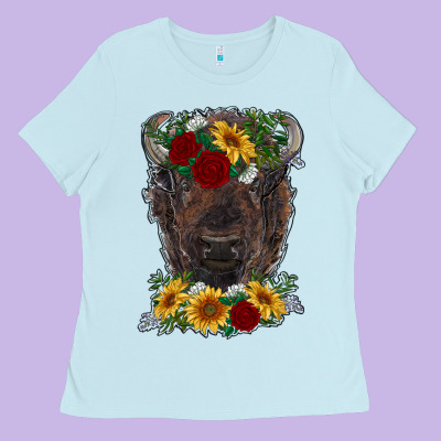 Bison Face With Flowers Ladies Tee Designed By Ranaportraitstore