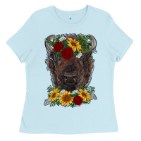 Baby Blue bison face with flowers Ladies Tee - RanaPortraitStore