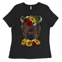 Black bison face with flowers Ladies Tee - RanaPortraitStore
